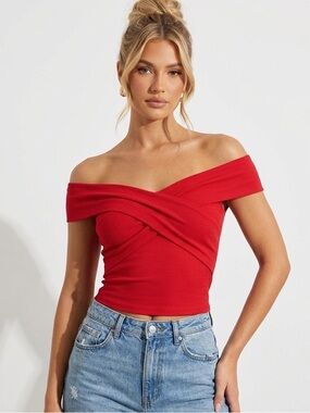 Sexy Red Bardot twist front top